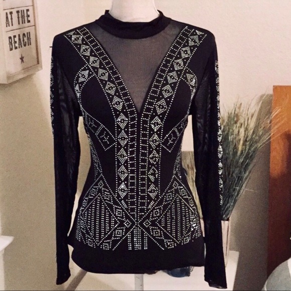 UNKNOWN Tops - ❤️CLEARANCE! Silver Studded Sheer Panel Body Suit